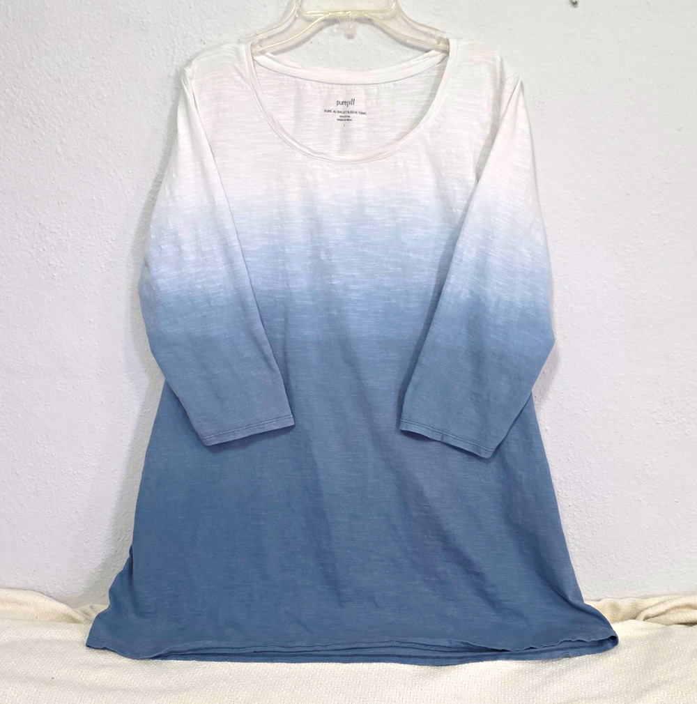 Pure Jill Tunic Dress Ombre Blue White Scoop Neck 3/4 Ballet Sleeve Size L